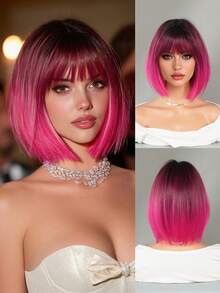 Tóc giả ngắn màu hồng ombre thẳng, dài 12 inch, chất liệu sợi tổng hợp chịu nhiệt, dành cho nữ, thích hợp cho sử dụng hàng ngày, dự tiệc, cosplay và lễ hội. - Màu hồng ombre - Xem 2