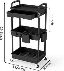 Multi-Tier Rolling Storage Cart - Compact Design Saves Space, Sturdy Plastic Structure, Suitable For Kitchen, Bathroom, Bedroom, Office, Warehouse, Garage - Easy Assembly, Multi-Functional Multi-Tier Shelving, Home Storage Rack - 最新3層黑色 - 查看 2