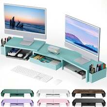 Soporte elevador para monitor dual, organizador de escritorio con cajón y 2 portaplumas, organizadores de escritorio y accesorios, decoración de oficina morada (morado) - blanco - Ver 12