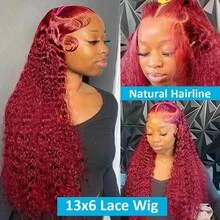36 Inch 99j Burgundy Wig Human Hair 250% Density 13x6 Deep Wave Lace Front Wigs Human Hair 13x4 HD Transparent Curly Lace Front Wigs Human Hair For Women Pre Plucked Wet And Wavy Red Colored Deep Curly Lace Frontal Wig - S99J - Xem 5