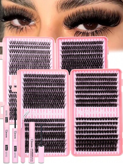 ISEEN 608根D型卷翘睫毛，卷度可选60D-80D、蓬松型80D-100D，DIY单根嫁接睫毛套装，柔软舒适，自然簇状睫毛，持久耐用，套装包含胶水、封层液和镊子，适合初学者，日常、旅行、新手、婚礼、约会、派对、假日等场合。