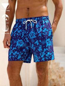 Manfinity Swimmode Floral Print Casual Beach Shorts Men, Black Swim Trunks, Black Hawaiian Floral Print Swim Shorts Men - 海軍藍 - 查看 13