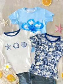 3件套女童休闲度假百搭复古花卉、海星、贝壳、宫廷画图案印花圆领短袖T恤，春夏款 - 彩色 - 查看 9