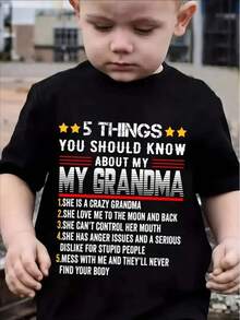 Unique Grandma-Themed 5 Things About My Grandma Print Boys' Short Sleeve T-Shirt- Breathable, Loose Fitting, Round Neck, Creative Pattern, Casual Top For Everyday Wear - 黑色 - 查看 6