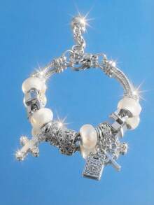 1pc Fashionable Rose Gold Beaded Bracelet, Hollow Carved Heart Charm With Rhinestone Embellishment Valentines,Mom,Mother,Mother's Day,Gift