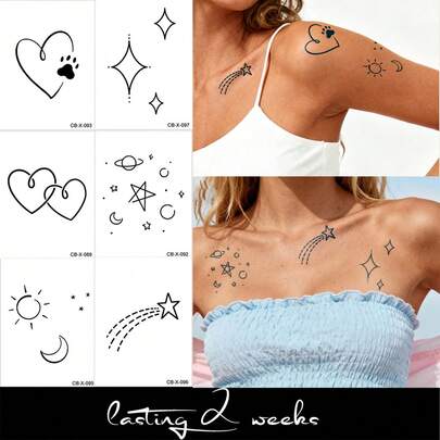 6 st / 1 st semi-permanenta tatueringsklistermärken med örtjuice - minimalistiska tatueringar. Har enkla linjer av hjärtan, solar, månar, stjärnor, pentagram. Lämplig för alla hjärtans dag, karnevalspresenter, vardagsfester, axlar, nacke, armar, midja, ben, knän, kropp. Vattentät semi-permanent tatueringsklistermärke. Fejk tatuering.