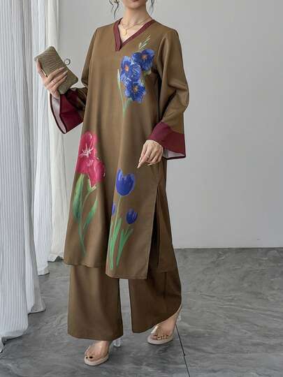 2pcs Women's Set Brown Floral V-Neck Flare Sleeve Long Pullover Top + Brown Elastic Waist Wide Leg Pants, Elegant Arabic Style Luxury Contrast Color Formal Outfit For Party, Holiday, Daily Wear