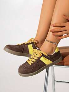 Women's Casual Sneakers, New Round Toe Lace-Up Small White Shoes, Plus Size Sports Shoes, Flat, European And American Imported - Yellow - View 5