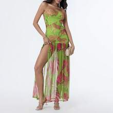 Women's Tube Top Dress Slim Strapless Backless Mesh Patchwork Tropical Leopard Print High Slit Long Dress for Party Club Night - Verde - Ver 2