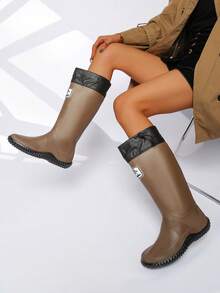 女士纯色过膝雨靴 - 防水防滑橡胶鞋底加厚户外工作雨靴，波西米亚朋克风时尚雨鞋，黑色 - DC56 BROWN - 查看 2