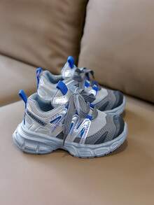 1双儿童透气网面运动鞋，男童厚底缓震休闲鞋，女童时尚软底防滑厚底运动鞋，幼儿学步鞋 - 銀色 - 查看 3