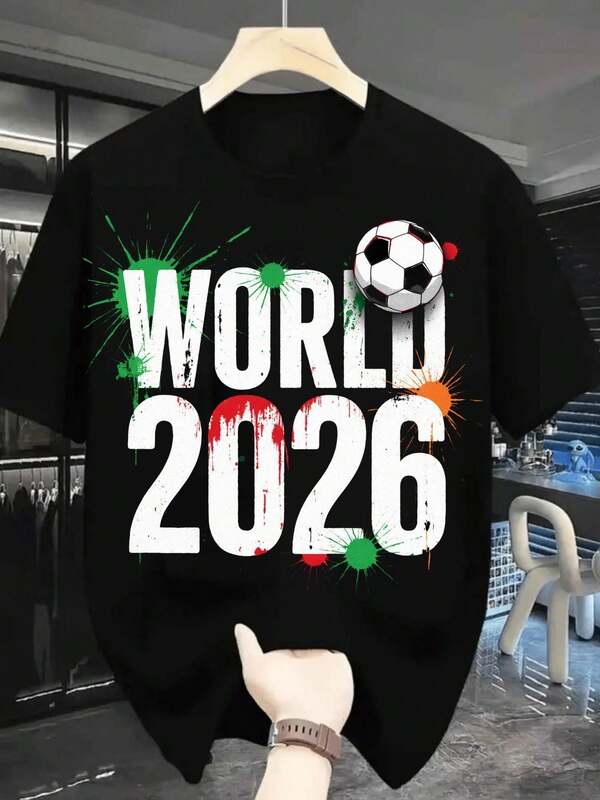 Camiseta unisex de algodón puro, camiseta con tema de la Copa Mundial 2026, texto blanco llamativo con efecto de salpicadura de tinta roja - Las palabras '2026' y puntos de tinta verde rodean la palabra 'MUNDO', fútbol en blanco y negro cerca de la letra 'O', muñeca con un reloj marrón, patrón de camiseta de mano, camiseta casual de cuello redondo de algodón para fanáticos del fútbol, Copa Mundial 2026, camiseta, árbol el dinero juego,blusas para mujer,blusas para mujer fiesta,playeras el mujer,blusas casuales para dama,sudaderas,camisas el mujer,ropa el mujer,blusas bonitas,ofertas y liquidaciones ropa mujer, mujer premium,elegante mujer,camisetas para hombre, manfinity hombre,playeras el hombre casual,playeras para hombre, hombre,streetwear,cosas para hombre,playeras negras XUDZ