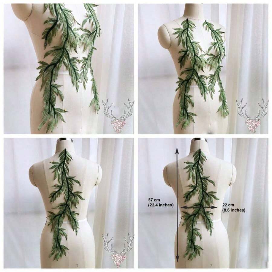 Leaves Vine Lace Applique Green Forest Lace Appliques Lace Motif Trims Embroidery Sewing Patches Projects 1 Mirror Pair, Green - 1 對鏡子 + 綠色 - 查看 1