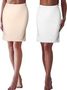 2pcs Lace Trim Short Underskirt, Women Seamless Anti-Exposure Slip Skirt Undergarment
