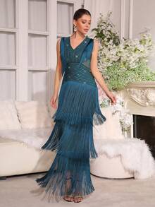 New Fashionable Fringed Maxi Dress, Rhinestone Embellished Slimming Sexy Long Dress, Suitable For Women's Wedding, Festival Party, Formal Dinner Gown - Teal Blue - View 5