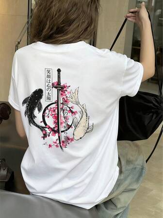 Camiseta de mujer de cuello redondo blanca de manga corta con estampado de carpa, estilo japonés casual y versátil, adecuada para uso diario