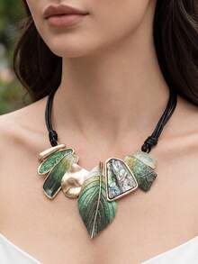 Cring Coco 1pc Fashionable Bohemian Enamel Zinc Alloy Leaf Pendant Necklace, Suitable For Women's Daily, Ball, Party, Carnival, St. Patrick's Day Jewelry Accessories Gift - Leaf - View 9