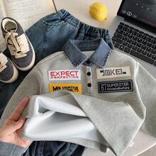 2-6 Years Old Boys' Denim Collar Sweatshirt, Spring New Fashionable Casual Comfortable Polo Shirt Sweatshirt - Grey - View 4