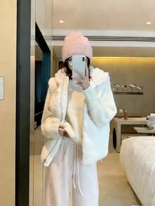 新款女士休闲抽绳弹力腰运动裤，宽松直筒裤型，春秋季 - 粉色 - 查看 3