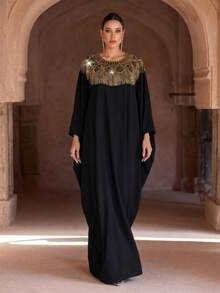 新款优雅宽松黑色长袍，带流苏蝙蝠袖 - 黑色 - 查看 8