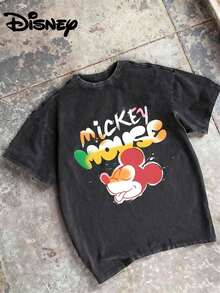 Disney UNIHLO  Mickey   Printed Summer Heavyweight Retro Washed Street Fashion Casual T-Shirt - màu đen - Xem 3