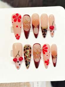 10Pcs Fake Nails With Cherry Leopard Print Long Pointed Design Pressure On Nail For Hot Girl Dress Matching Nail Supplies - Multicolor - View 4