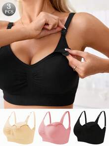 3pcs Women's Bras With Removable Pads, Soft & Skin-Friendly Fabric, Front Clasp For Easy On/Off - Multicolor - View 1