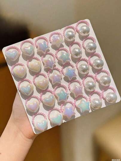10 piezas/30 piezas Lazos para el cabello con forma de corazón y estrella de perlas falsas para niñas y estudiantes, aptos para uso diario