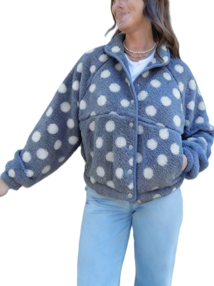 Womens Fall Winter Fleece Jacket Dot Pattern Long Sleeve Lapel Button Down Sherpa Coat - azul cielo - Ver 1