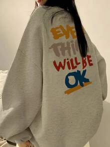 女士灰色简约个性字母印花宽松休闲舒适居家日常通勤返校圣诞节新年圆领长袖卫衣，秋冬款 - 灰色 - 查看 1