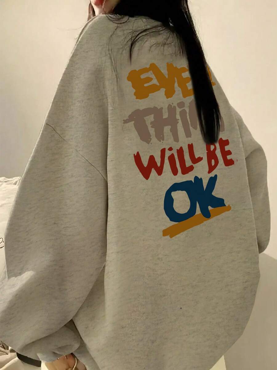 女士灰色简约个性字母印花宽松休闲舒适居家日常通勤返校圣诞节新年圆领长袖卫衣，秋冬款 - 灰色 - 查看 1