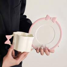 1 Set French Hand-Painted Bow Coffee Cup & Saucer Set, 3D Embossed Underglaze Ceramic, Suitable For Coffee, Afternoon Tea, Snacks, Daily Use, Home, Office, Gifts, Holidays - Multicolor - View 2