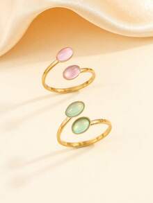 两件套不锈钢复古风粉色和绿色猫眼宝石开口戒指套装，适合女性日常佩戴或作为礼物 - 金黃色 - 查看 18