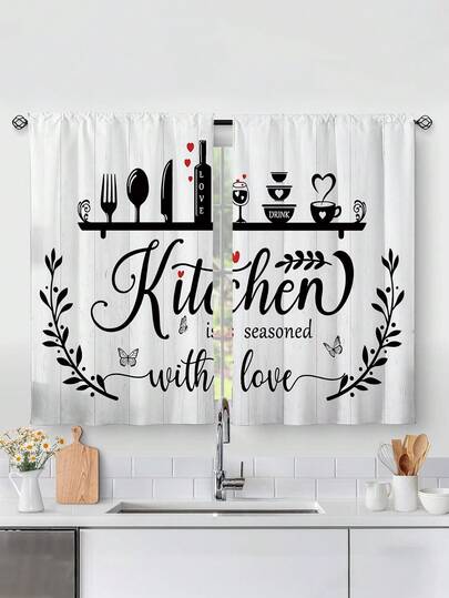 2 piezas Cortina de ventana de cocina con estampado de tenedor y cuchara vintage, sin ojales, cortinas cortas, adecuadas para dormitorio, oficina, cocina, sala de estar, estudio, decoración del hogar