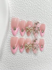 10pcs Y2K Vintage Style Handmade Nail Stickers, Nude, Pink Nail Stickers, Gold Glitter, Rhinestone Bow, 5-Petal Flowers, Pearl Decor, 3 Shapes: Almond, Duck Mouth, And Coffin, Includes Tool Kit, Suitable For Women And Girls, Great Gift For Ladies And Girls Nails Nail Supplies Handmade Press On Nails - Nhiều màu - Xem 12