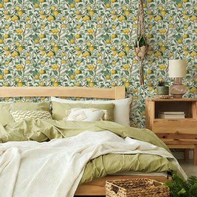 1 Roll Fresh Citrus Plant Self-Adhesive Wallpaper, Light Green & Pale Yellow Leaf, Branch And Fruit Pattern, Removable Vinyl Contact Paper, Peel And Stick Decorative Wall Sticker, Vintage Illustration Style Wallpaper, Nature Art Home Decor Sticker, 17.32 X 393.70 Inch, Suitable For Living Room, Kitchen, Bedroom, Bathroom, Dining Room, Furniture Makeover, Easy To Install