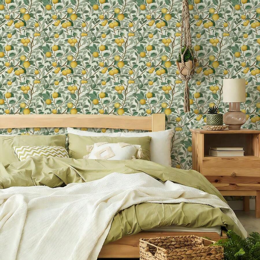 1卷清新柑橘植物自粘墙纸，浅绿色和淡黄色叶子、枝条和果实图案，可移除乙烯基材质，即撕即贴装饰墙贴，复古插画风格墙纸，自然艺术家居装饰贴纸，尺寸17.32 x 393.70英寸，适用于客厅、厨房、卧室、浴室、餐厅、家具翻新，易于安装。 - 彩色 - 查看 1