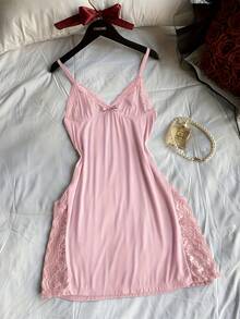 3 Pieces Of Women's Solid Color Sexy Lingerie, Bowknot Lace Splicing Nightdress, Side Split Suspender Skirt, Sexy Lace Underwear Nightdress Bottoming Skirt - 綠色+粉紅色+灰色 - 查看 4