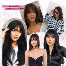 女士真人发片，12英寸自然黑色，带轻盈刘海，360°3D全方位覆盖，升级大底座，透气舒适，专为头发稀疏人士设计，透气内网 - SNatural - 查看 7