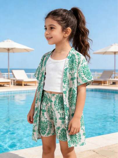 3-delars set med barockgrönt mönster för småbarn: Kortärmad kofta + linne + lösa shorts, retro lyxig stil, heltäckande jacquardstruktur, ventilerande och avslappnad passform, sommar