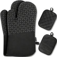 Silicone And Cotton Oven Mitts And Gloves - Set Of 4 - Heat Resistant (30 X 18 Cm) - Protective Set - Black - View 1