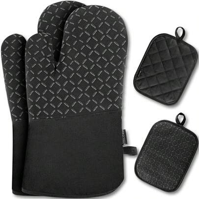 Silicone And Cotton Oven Mitts And Gloves - Set Of 4 - Heat Resistant (30 X 18 Cm) - Protective Set