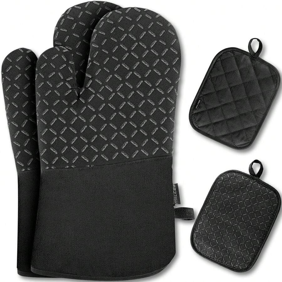 Silicone And Cotton Oven Mitts And Gloves - Set Of 4 - Heat Resistant (30 X 18 Cm) - Protective Set - Black - View 1