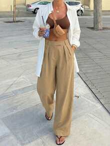 Women's Solid Color Side Zipper Pleated Pocket Wide Leg Pants Spring - Apricot - View 7