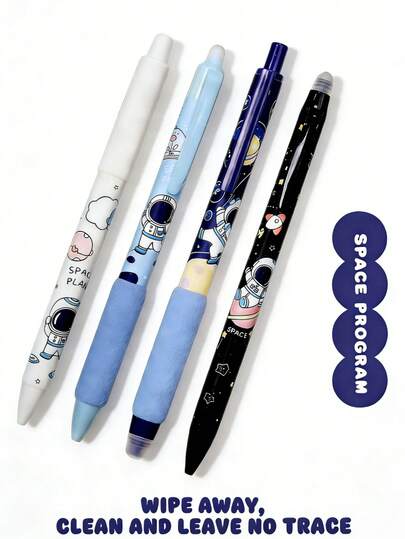 4Pcs Thermal Erasable Retractable Gel Pen - 0.5mm Crystal Blue/Black, Non-Slip Soft Grip, Cute Astronaut & Panda Prints, Stylish Student Stationery For Back-To-School