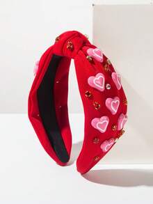 1 Peça Faixa de Cabeça Larga de Tecido Vermelho e Rosa Sólido com Nó, Elemento da Moda do Dia dos Namorados, Decoração Minimalista de Coração com Gotejamento de Strass, Estilo Doce e Fofo, Acessório Versátil para o Dia dos Namorados e Feriados - Vermelho - Visão 5