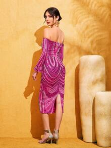 LOVE&LEMONADE Fuchsia Sequin Off-Shoulder Long Sleeve Backless Split Party Dress - Hot Pink - View 7