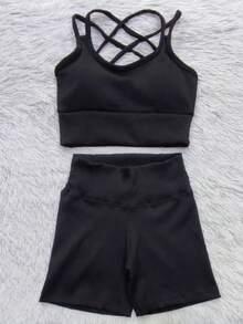 Ribbed Summer Set - Shorts And Top For Gym - Black - View 3
