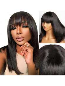 34Inch 180% Density Straight Glue-Less Put On And Go Bob Wig With Bangs Blended Human Hair - Bang Straight Human Hair Wig, Glueless Bob Wig Full Machine Made None Lace Front Wig For Women - Natural Black - 查看 1