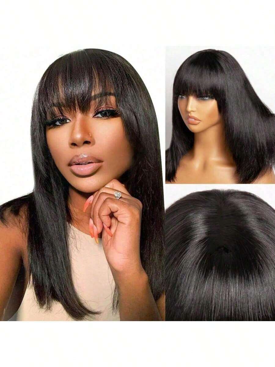 34Inch 180% Density Straight Glue-Less Put On And Go Bob Wig With Bangs Blended Human Hair - Bang Straight Human Hair Wig, Glueless Bob Wig Full Machine Made None Lace Front Wig For Women - Natural Black - 查看 1